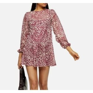 Topshop Womens Burgundy Animal Print Long Sleeve Tiered Mini Dress US Size 6